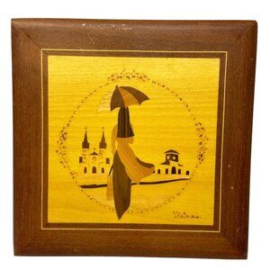 Vietnamese Marquetry Inlaid Wood Wall Art Lady with Umbrella Cityscape Square